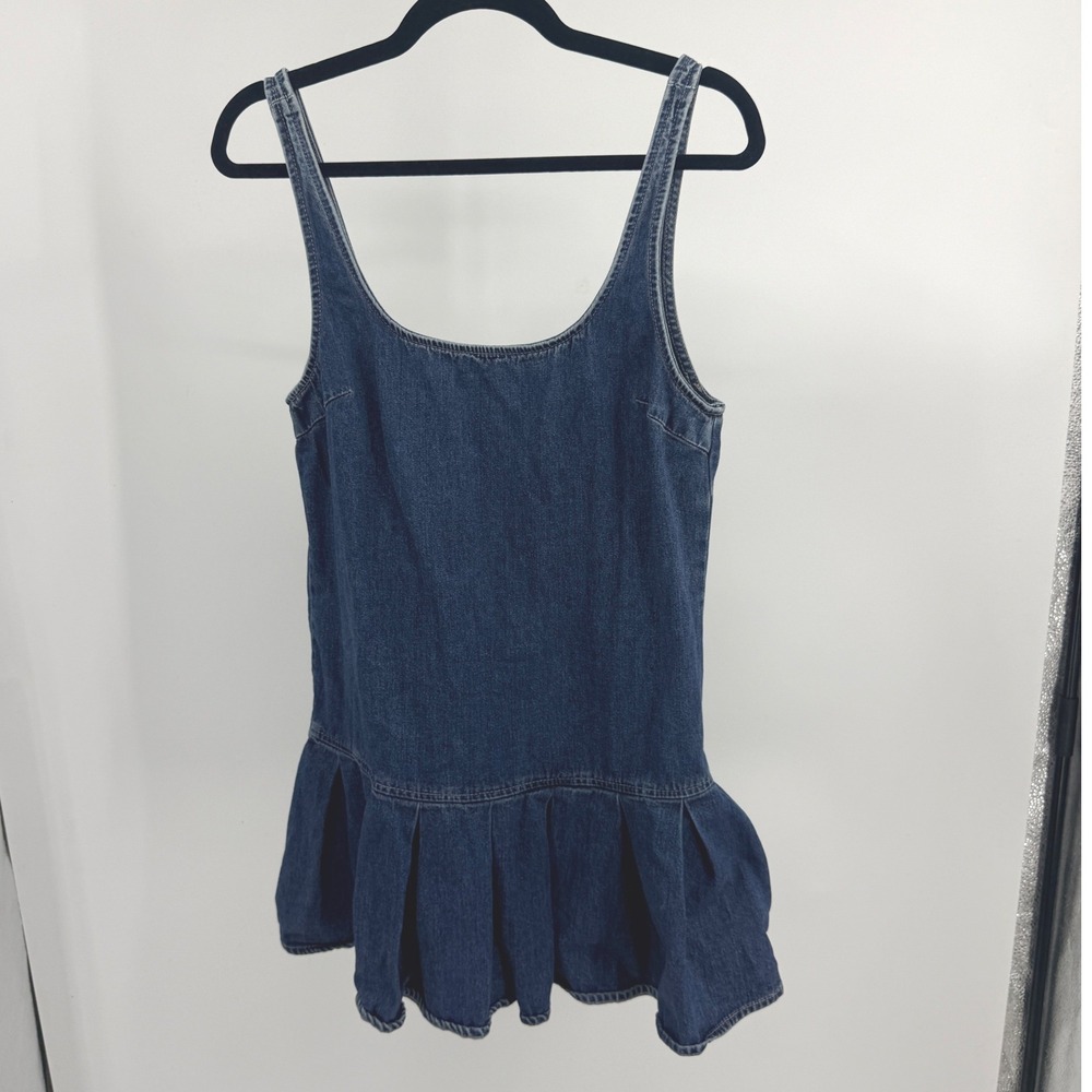 Zara Blue Denim Pleated Drop Waist Mini Dress Sleeveless Scoop Neck S Bubble Hem